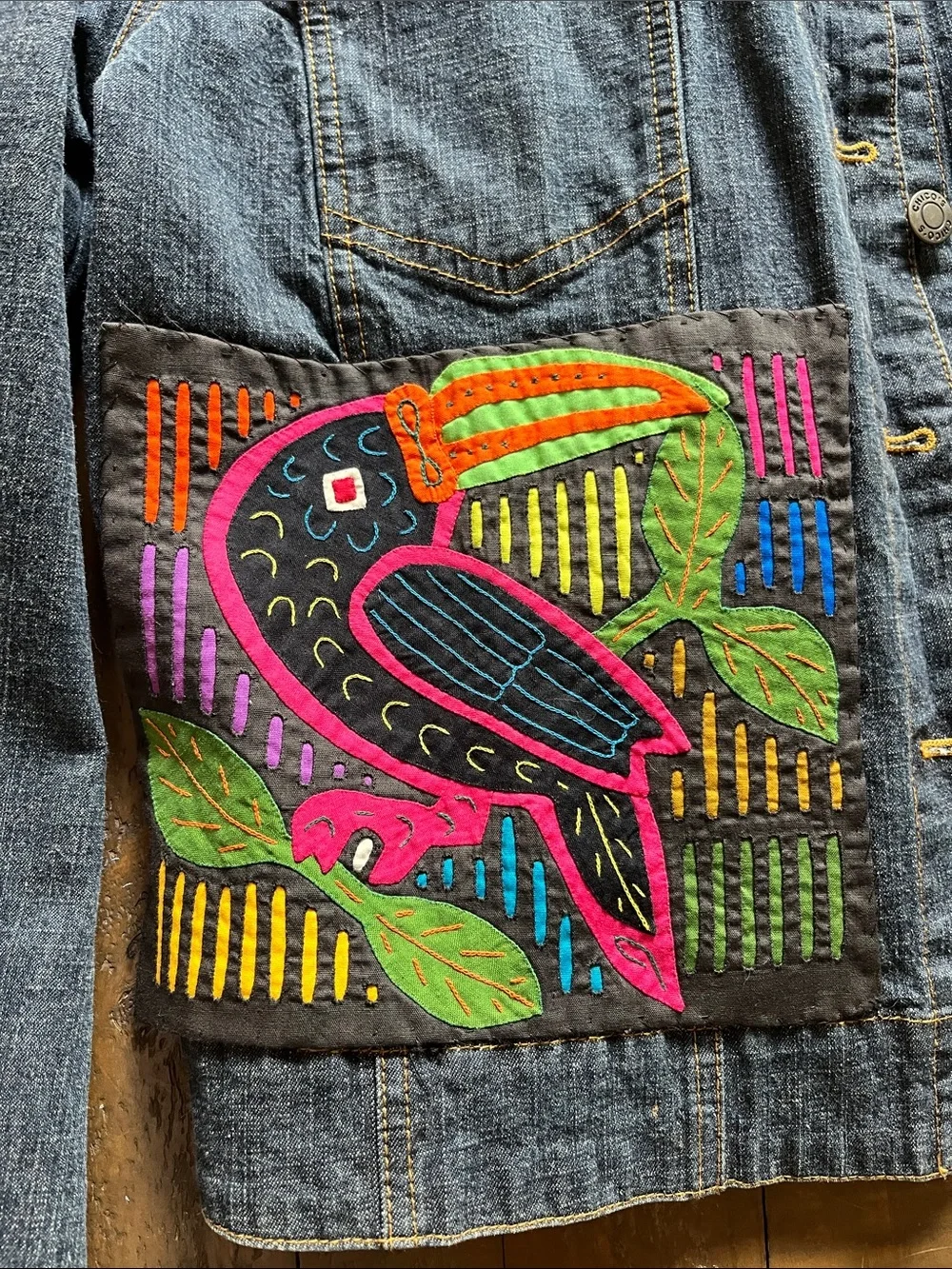 Embroidered Dark Denim Jacket with Multicolor Accents